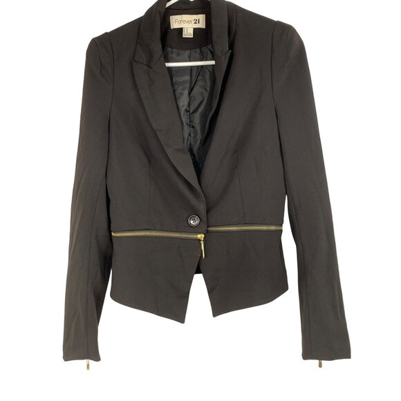 Forever21 Black Fitted Blazer Jacket M Zip Away Hem Crop RY10373 - Picture 1 of 9